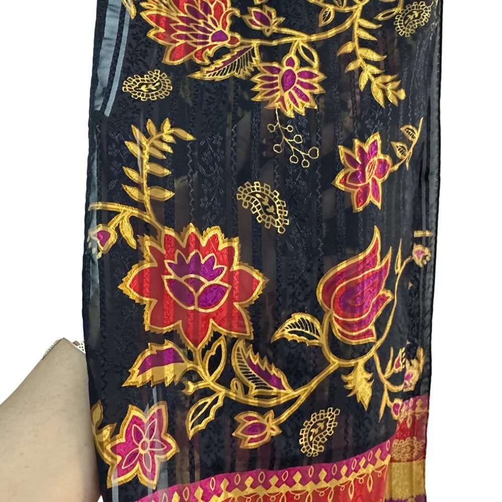Vintage Liz Claiborne Floral‎ Stripe Scarf Black Red Gold Lightweight Wrap